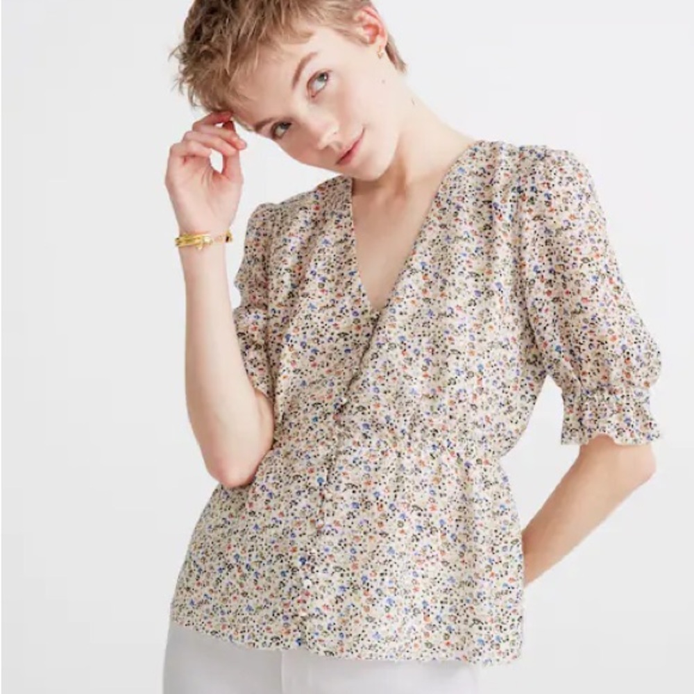 Madewell Cream Floral Wrap Blouse
